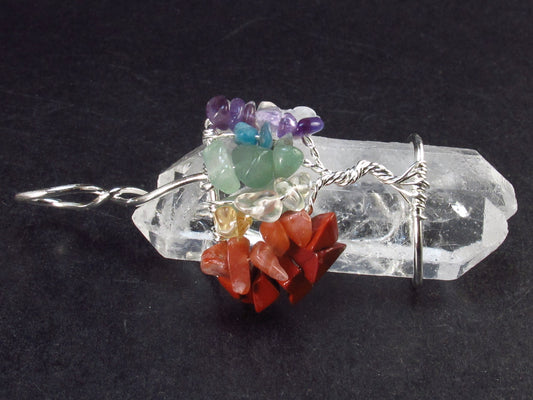 Quartz Crystal with 7 Chakra Tumbled Gemstone Tree of Life Pendant - 2.8"
