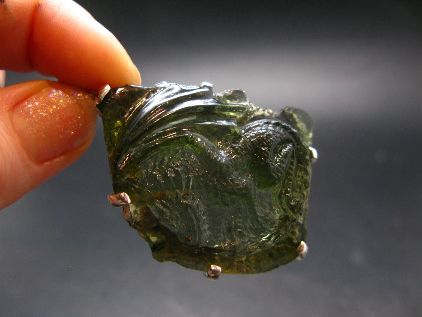 Moldavite Tektite Silver Dragon Pendant from Czech Republic - 2.2" - 15.96 Grams