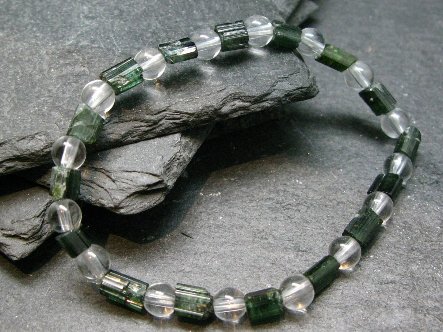 Green Tourmaline & Quartz Genuine Bracelet ~ 7 Inches ~ 6mm Crystal Beads