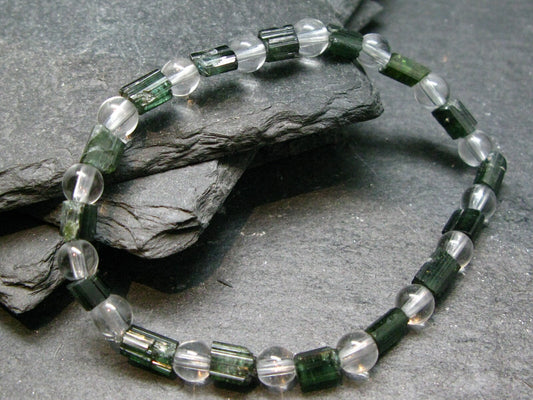 Green Tourmaline & Quartz Genuine Bracelet ~ 7 Inches ~ 6mm Crystal Beads