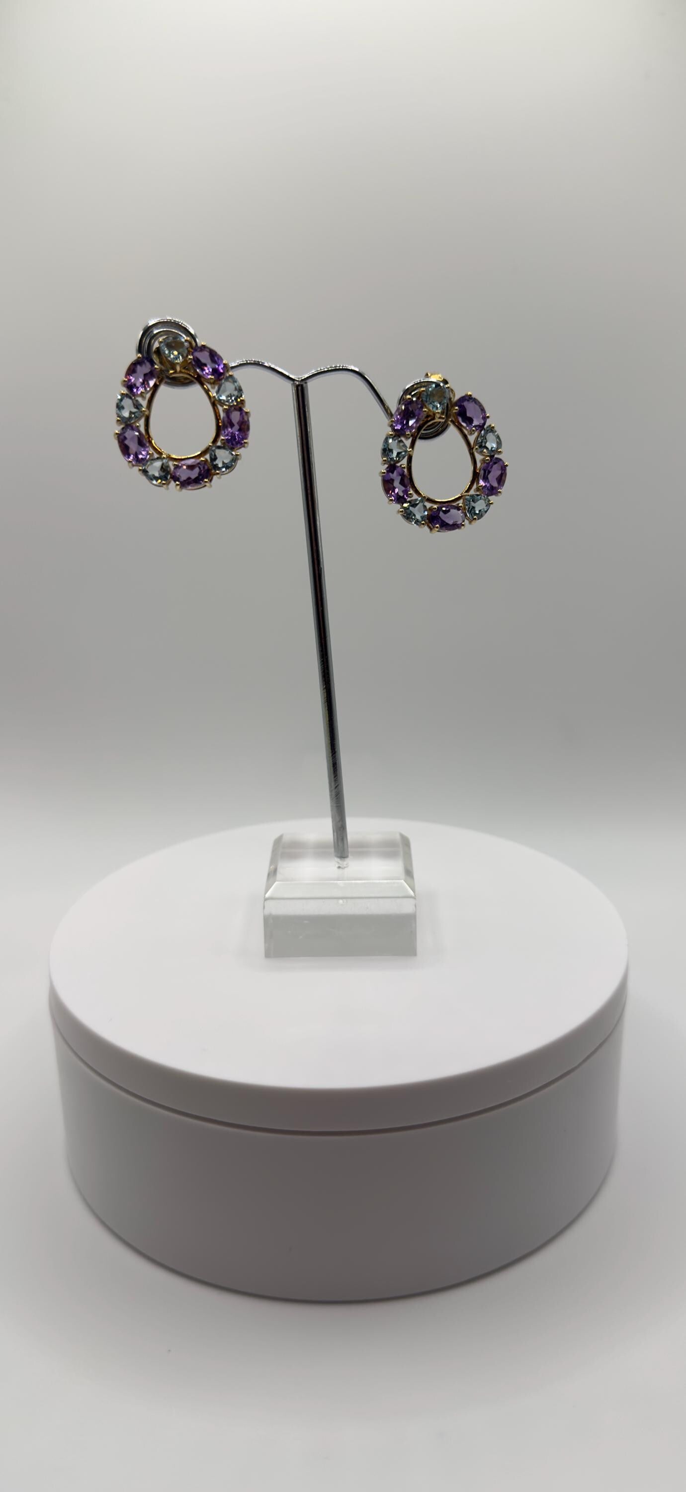 Gold Plated Amethyst Hoop Earrings – Bold Purple & Topaz Gemstone Circle Dangles - Weight 9.13 Grams