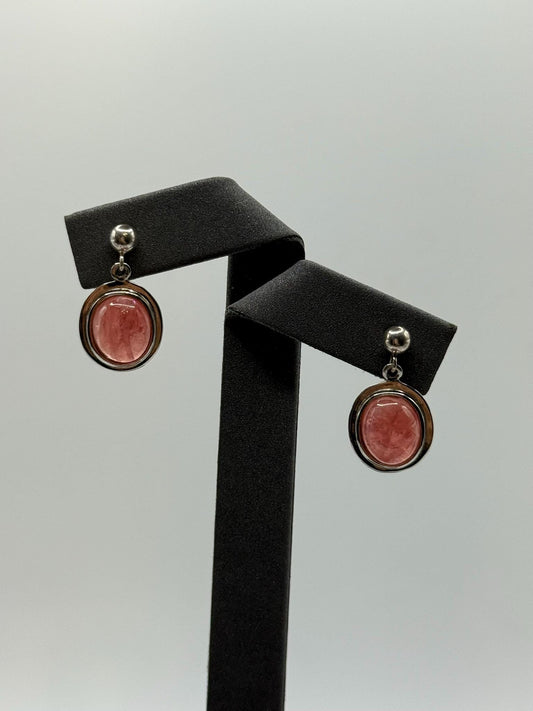 Natural Rhodochrosite Oval Drop Earrings in Sterling Silver | Pink Crystal Earrings