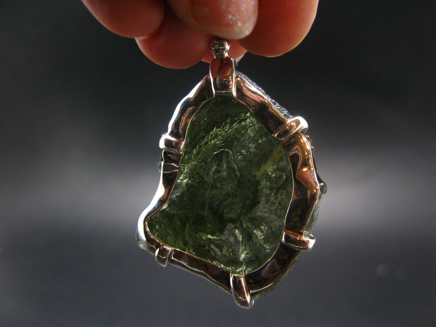Moldavite Tektite Silver Dragon Pendant from Czech Republic - 2.2" - 15.96 Grams