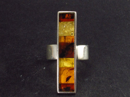 Geometric Modernist Natural Multi Color “Rainbow” Baltic Amber 925 Silver Ring - Size 8