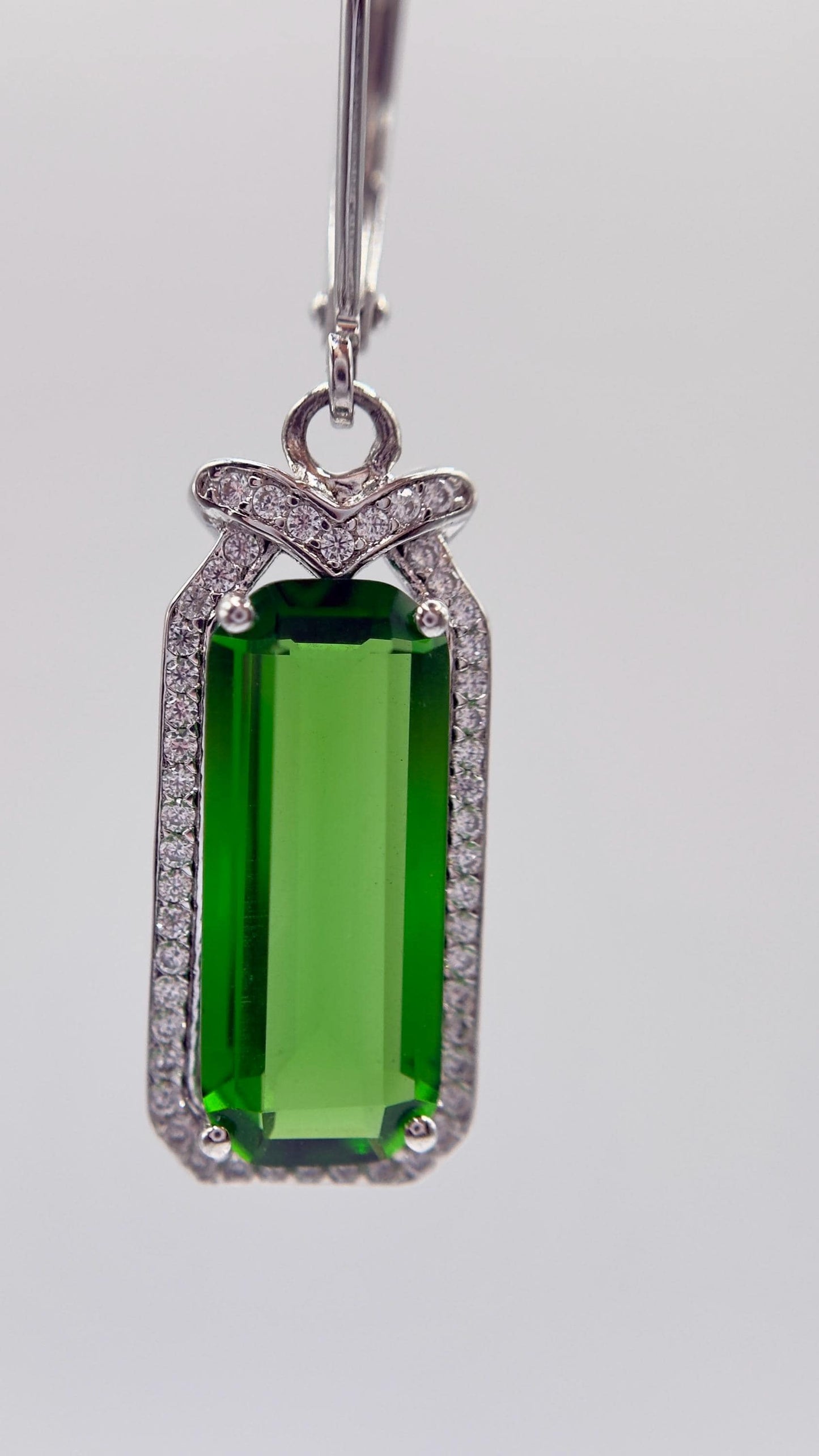 Green Helenite Emerald Cut Earrings – Halo Sterling Silver Dangle Earrings