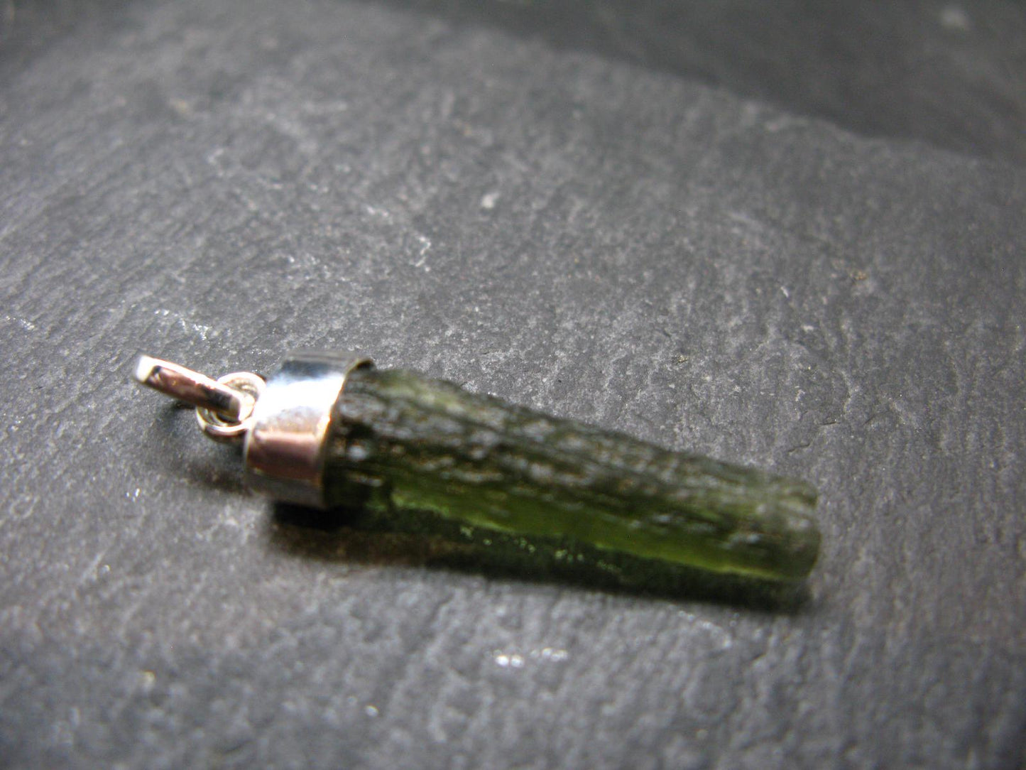 Gem Moldavite Tektite SS Pendant From Czech Republic - 1.5" - 2.5 Grams