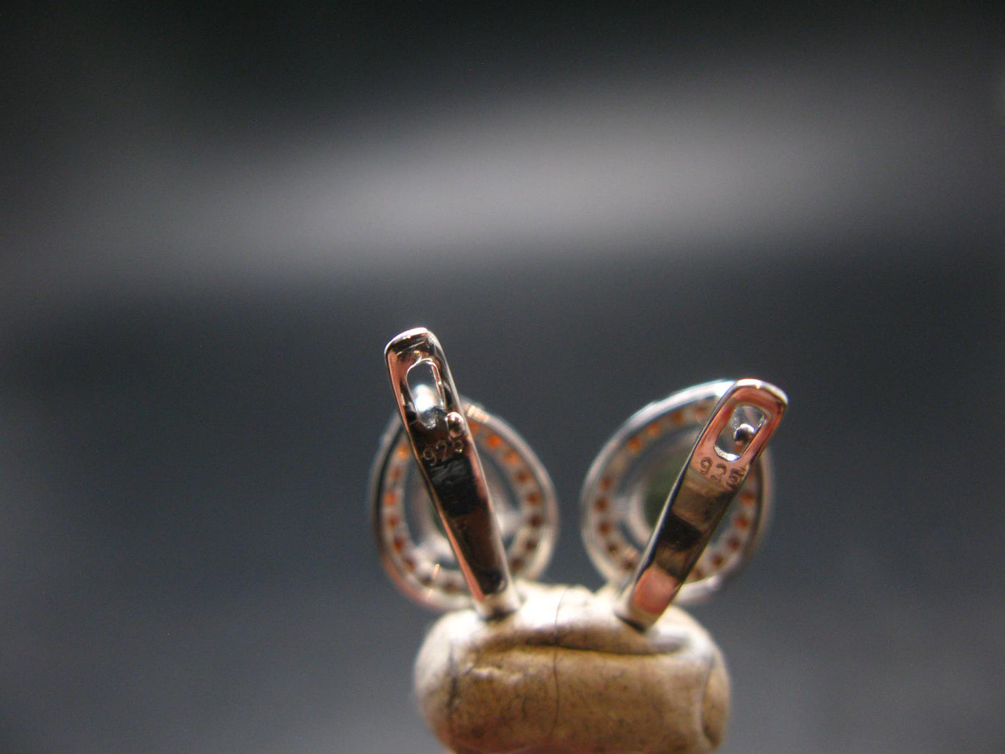 Moldavite Tektite & Red Garnet Silver Earrings from Czech Republic - 2.78 Grams