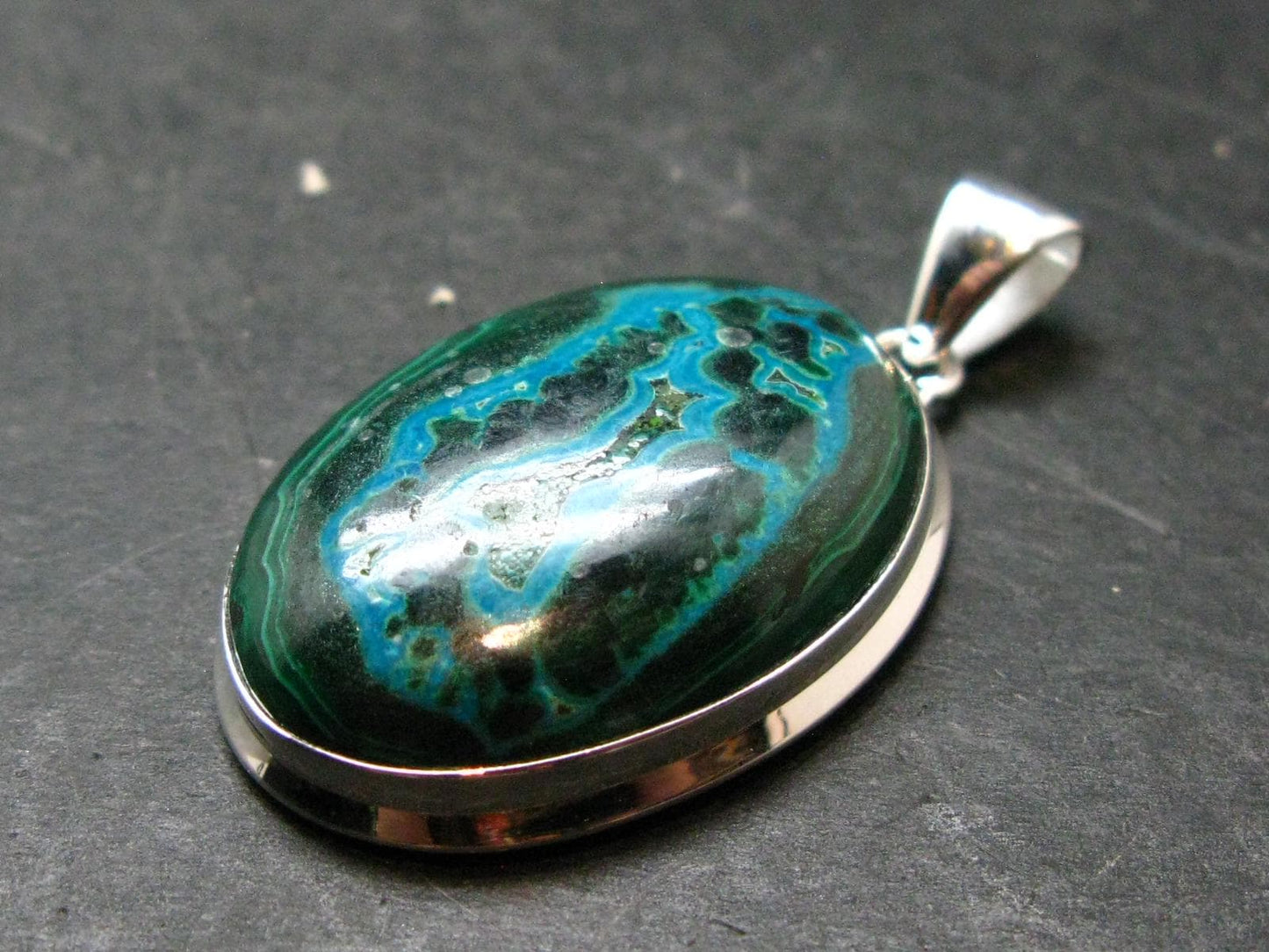 Malachite And Chrysocola Silver Plated Pendant from Congo - 1.7" - 12.76 Grams
