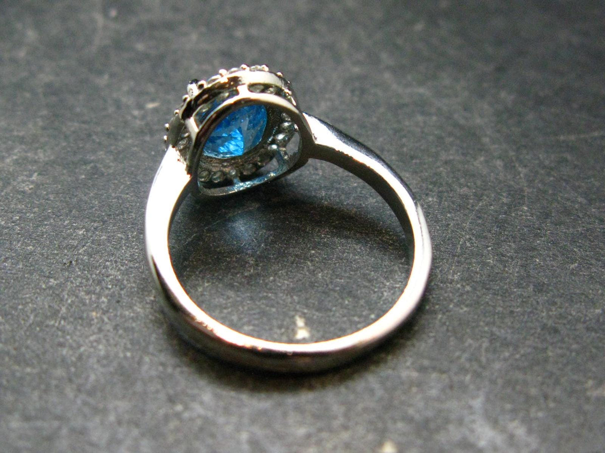 Natural Oval Shaped Facetted Blue Topaz Crystal Sterling Silver Ring - 3.32 Grams - Size 7.25