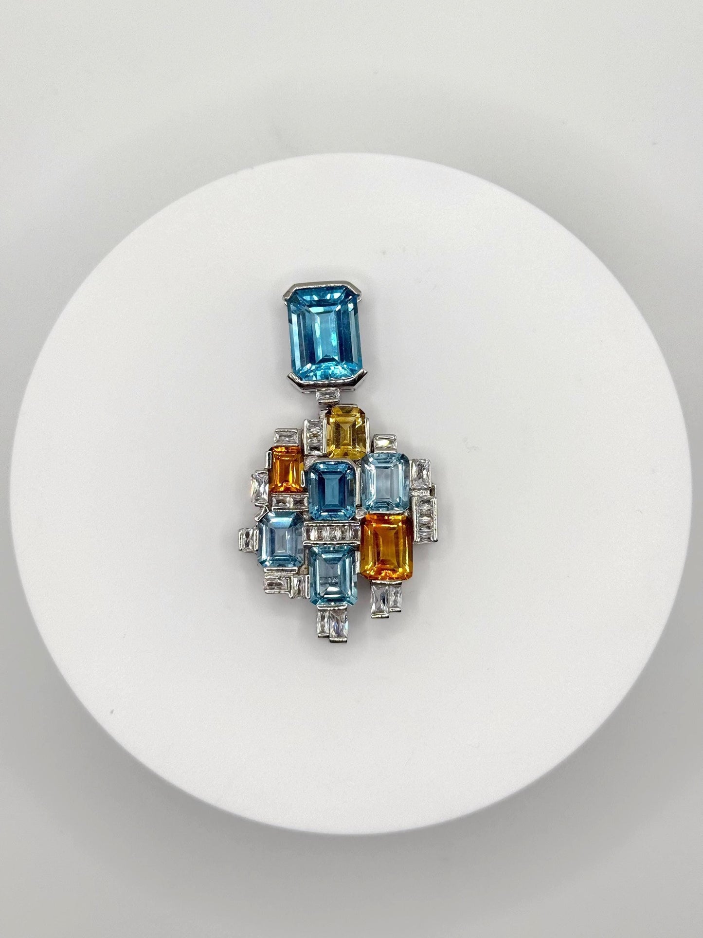 Modern Geometric Pendant with Swiss Blue Topaz & Citrine – Sterling Silver - 25.89 Grams