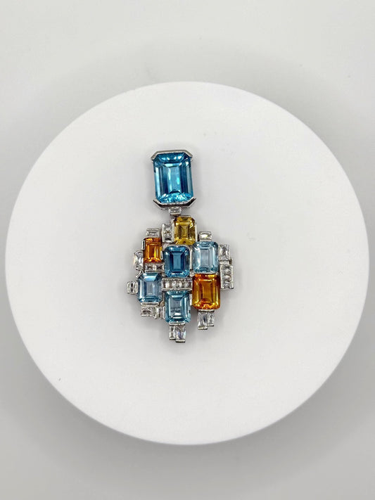 Modern Geometric Pendant with Swiss Blue Topaz & Citrine – Sterling Silver - 25.89 Grams