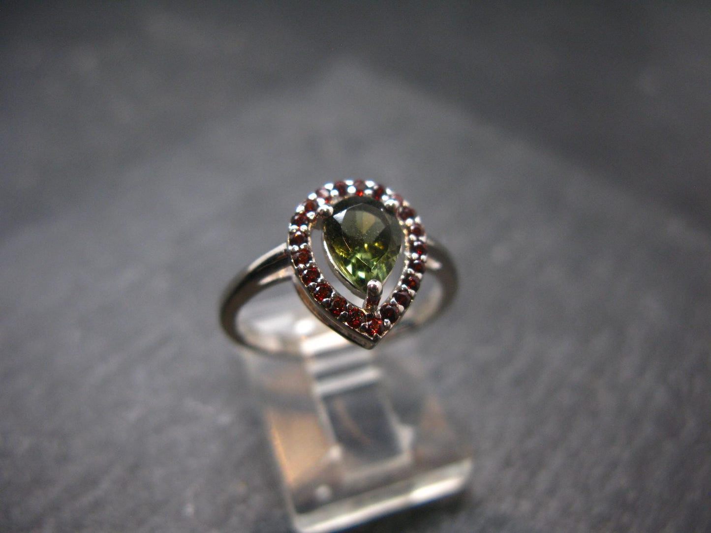 Moldavite & Red Garnet Sterling Silver Ring From Czech Republic - Size 6.25 - 2.11 Grams