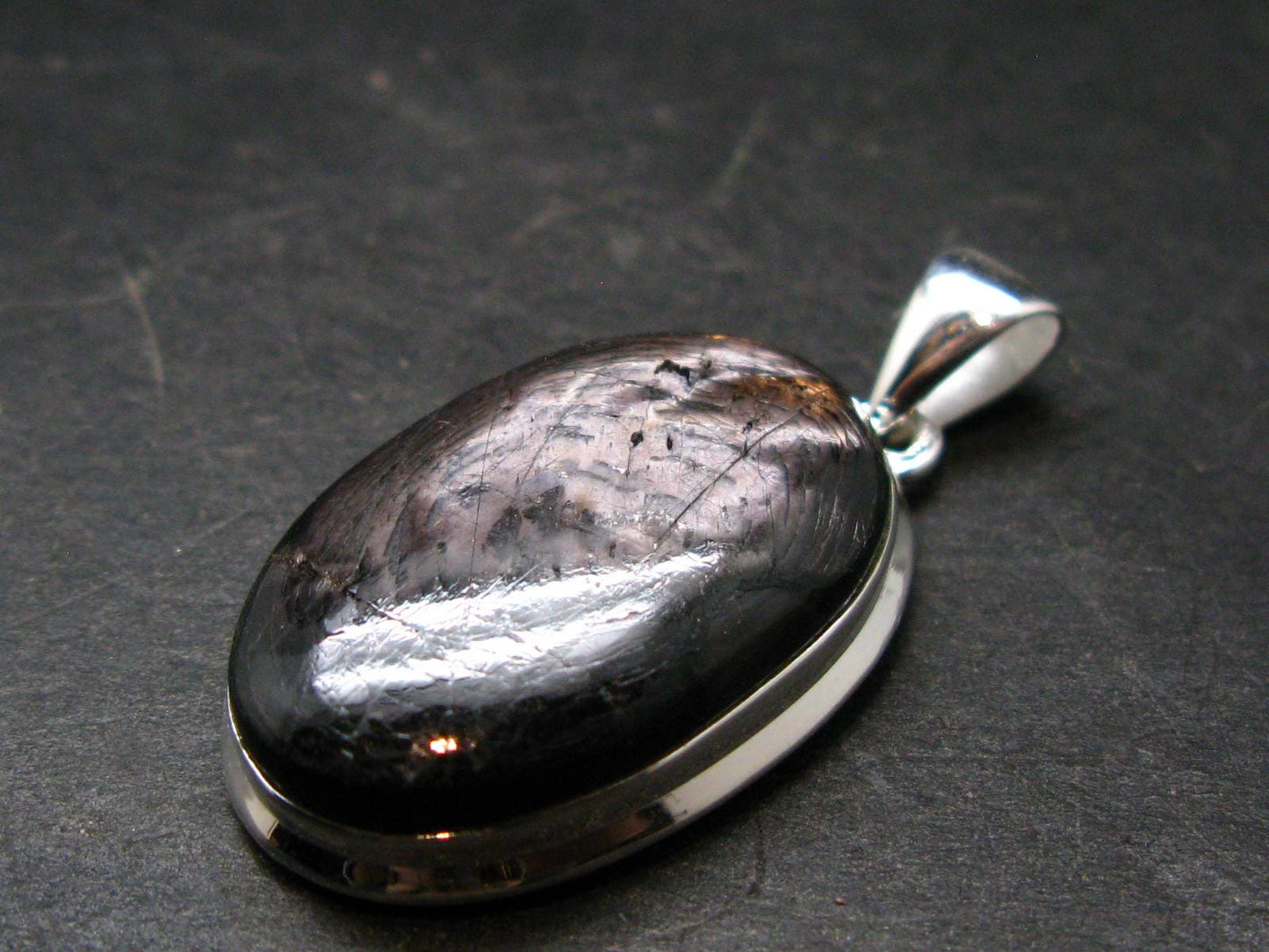 Tumbled Hypersthene Silver Plated Pendant From Canada - 1.6" - 10.01 Grams