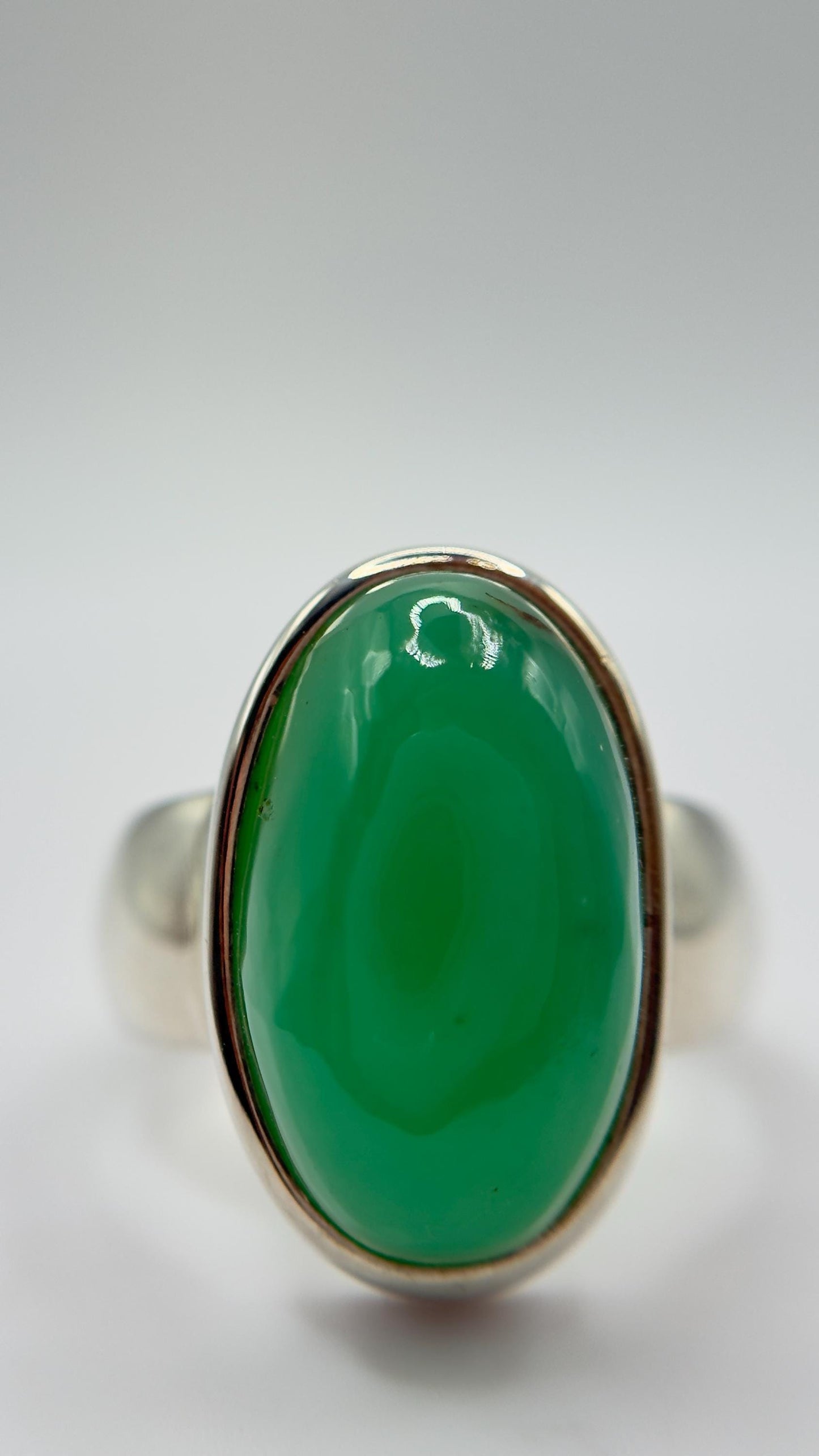 Chrysoprase Oval Ring – Natural Green Chalcedony Sterling Silver Statement Jewelry - Size 8.5