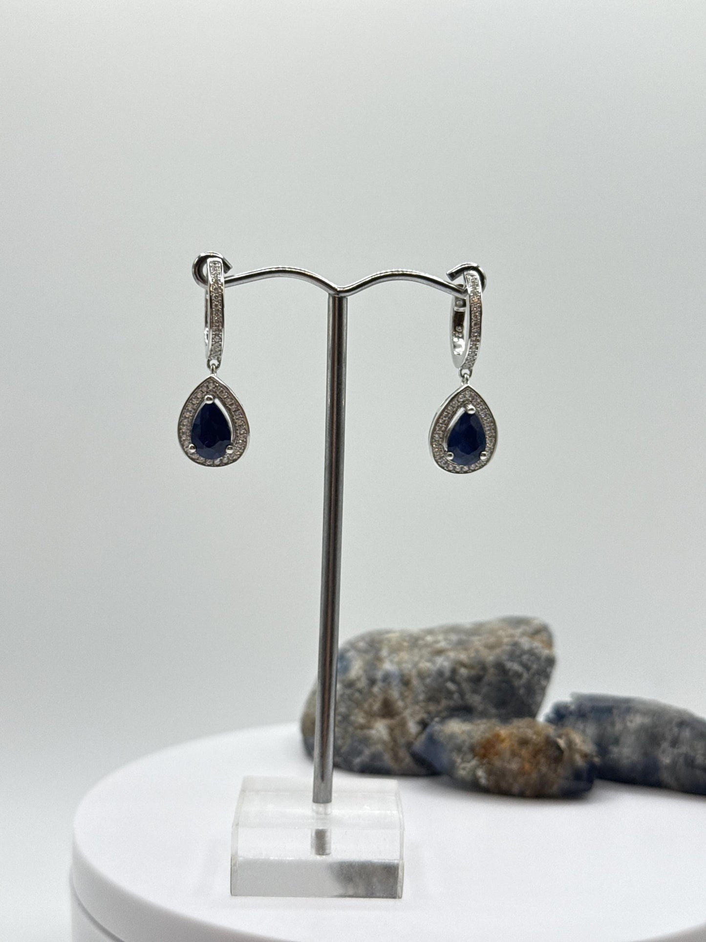 Pear Sapphire Dangle Earrings | Blue Sapphire Halo Earrings | Sterling Silver Drop Earrings | September Birthstone - Weight 5.42 g