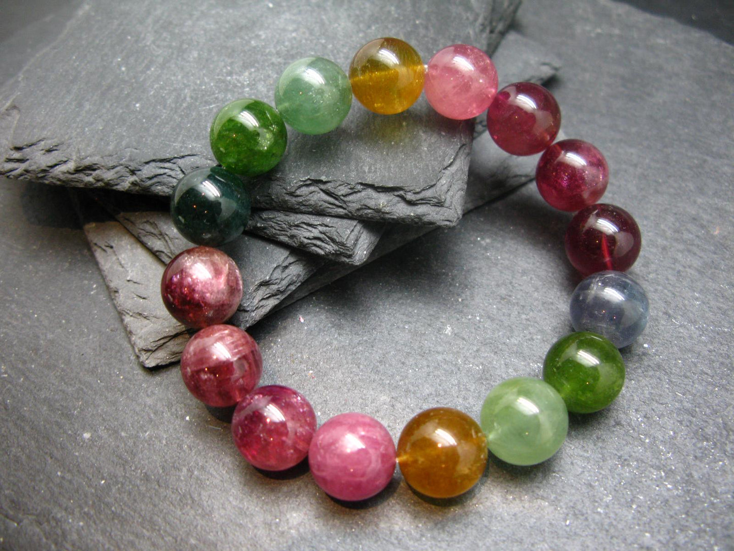 AAA Grade Gem Watermelon Bicolor Tourmaline Genuine Bracelet ~ 7.5 Inches ~ 13mm Round Beads