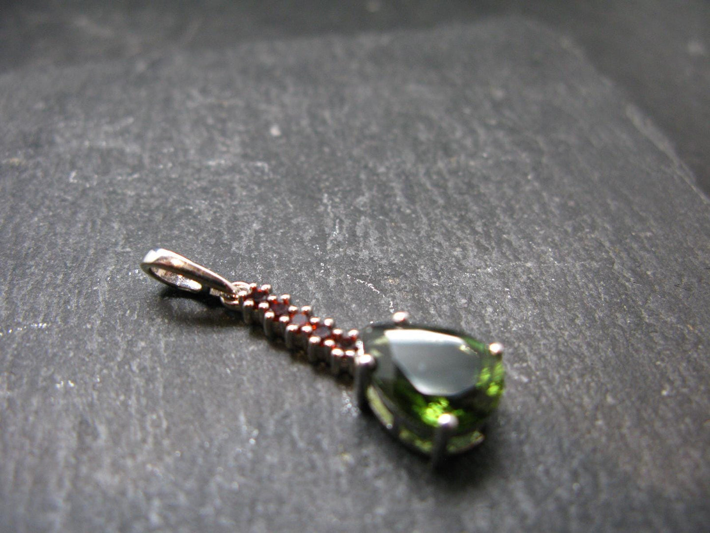 Moldavite Tektite & Red Garnet Silver Pendant from Czech Republic - 1.2"