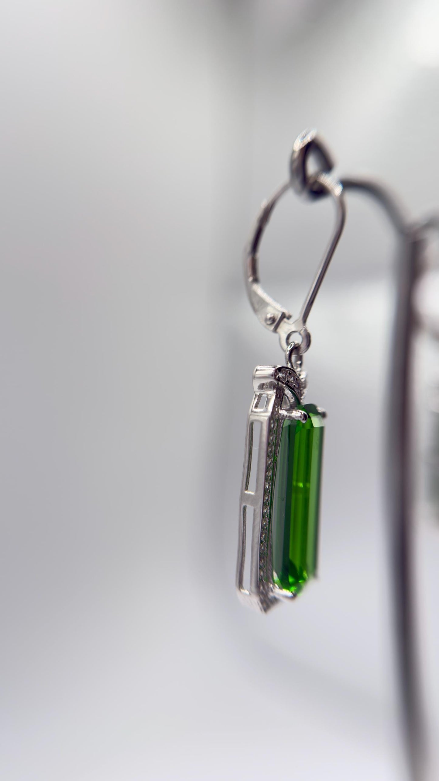 Green Helenite Emerald Cut Earrings – Halo Sterling Silver Dangle Earrings