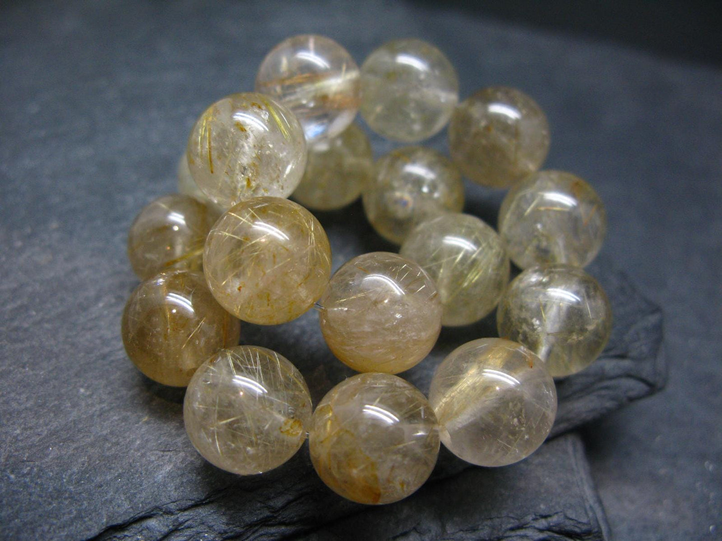 Rutilated Quartz Genuine Bracelet ~ 7 Inches ~ 12mm Round Beads
