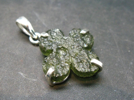 Gem Moldavite Tektite SS Pendant Four Leaf Clover From Czech Republic - 1.3" - 4.31 Grams
