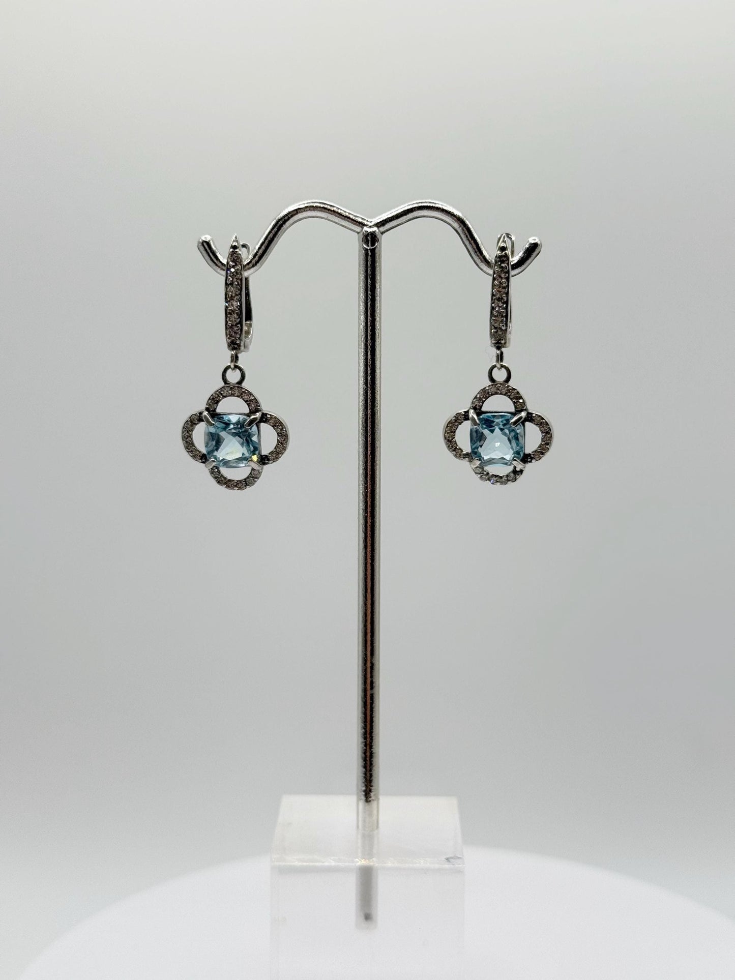 Swiss Blue Topaz Drop Earrings with Petal Motif in Sterling Silver - Weight 4.07 Grams