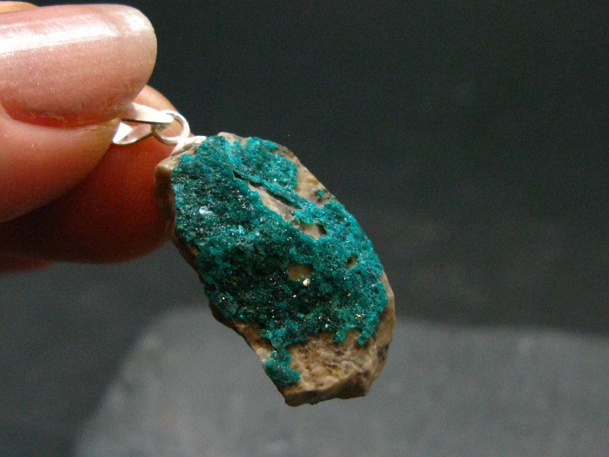 Dark Green Sparkling Gemmy Dioptase Silver Pendant from Kazakhstan - 1.2" - 3.42 Grams