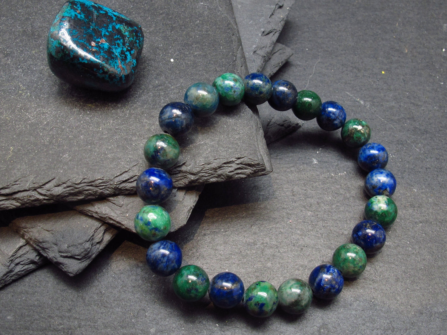 Quantum Quattro (Dioptase Chrysocola Malachite Shattuckite) Genuine Bracelet ~ 7 Inches ~ 8mm Round Beads