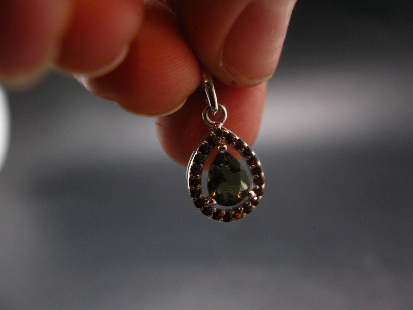 Moldavite Tektite & Red Garnet Silver Pendant from Czech Republic - 0.8"