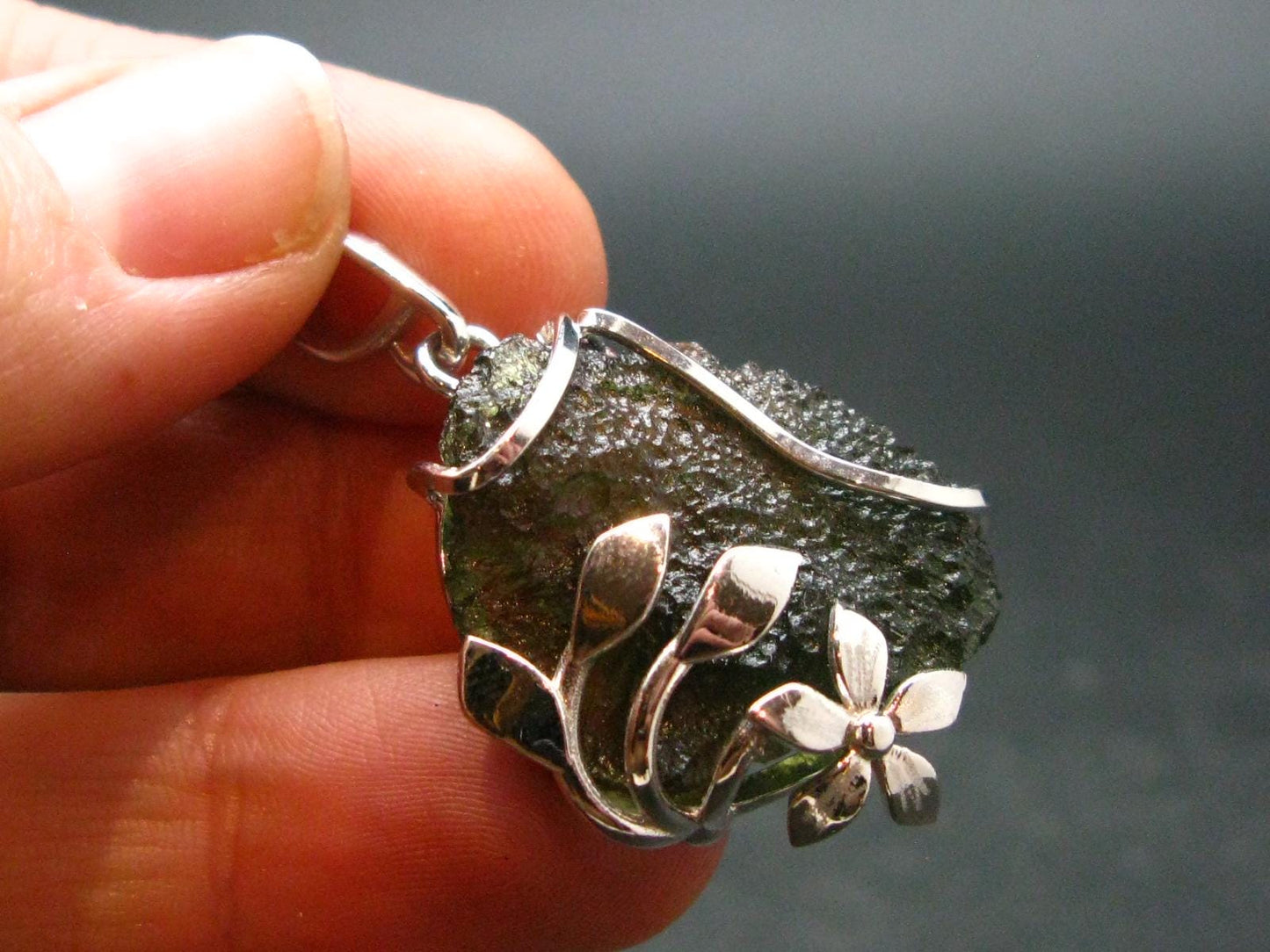 Moldavite Tektite Silver Clover Pendant from Czech Republic - 1.4" - 6.64 Grams