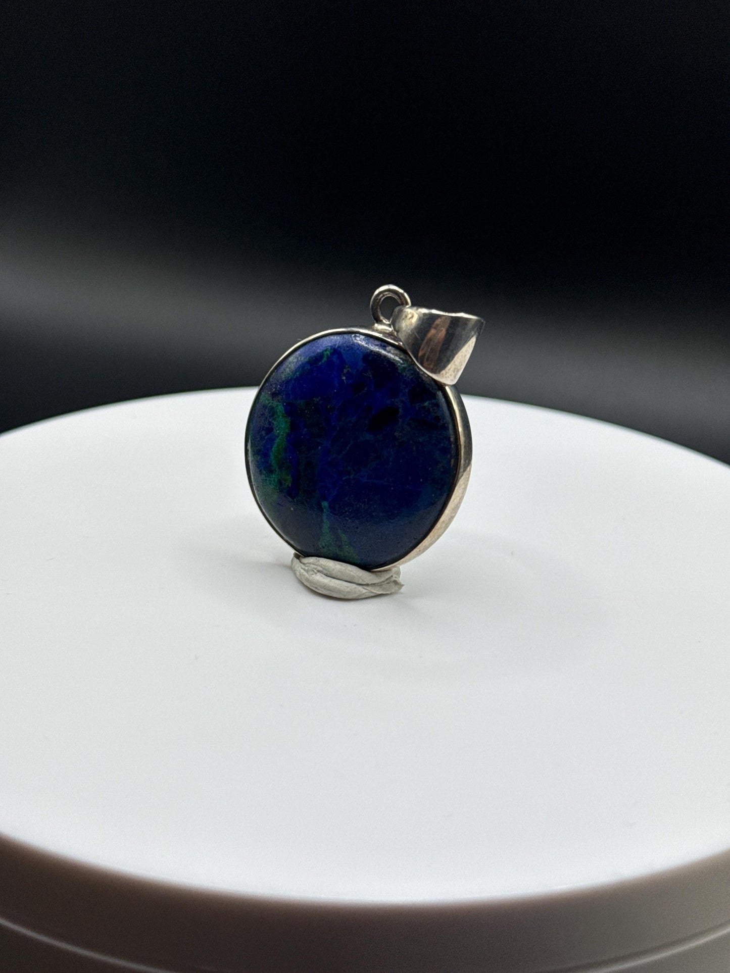 Azurite Silver Amulet | Round Natural Stone Charm