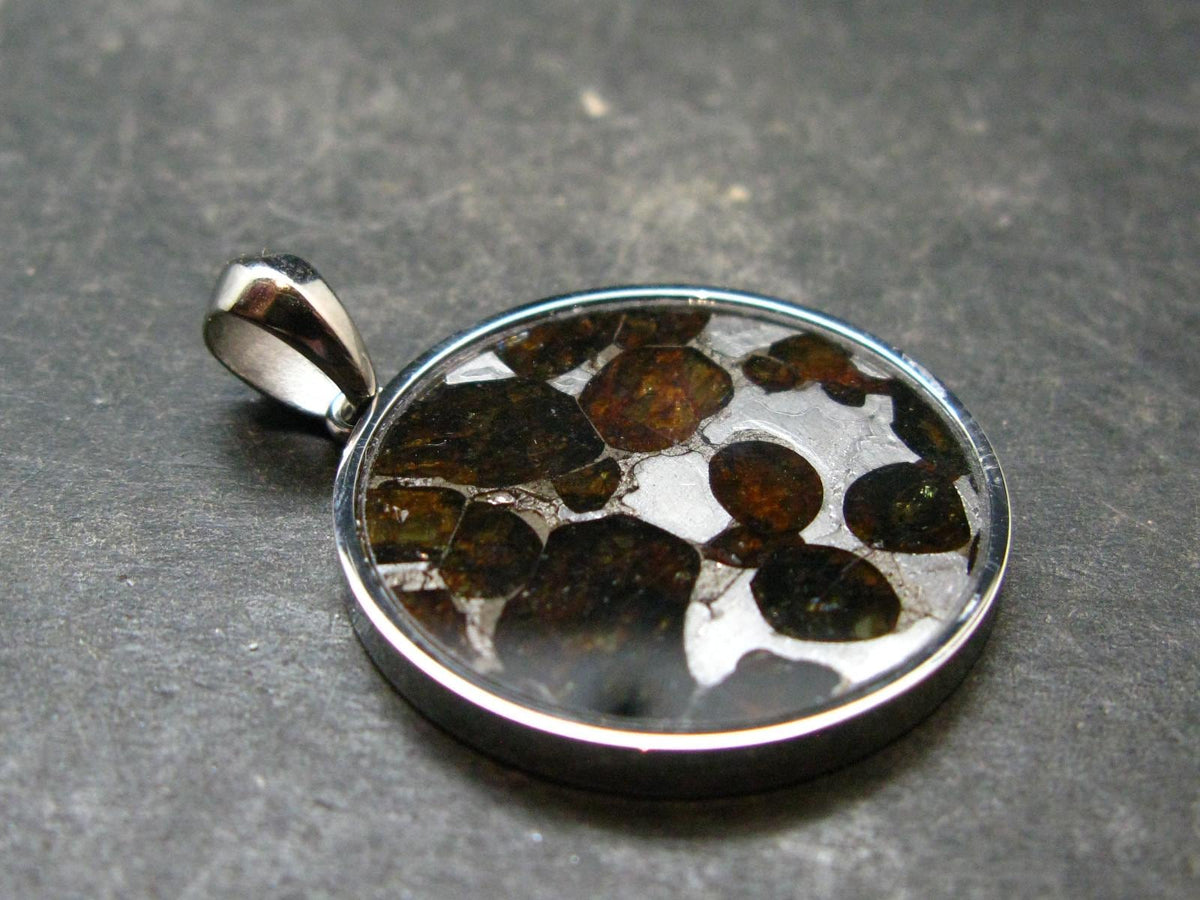 Rare Brahin Meteorite Slice With Olivine Pallasite Silver Pendant from Belarus - 1.4" - 5.27 Grams