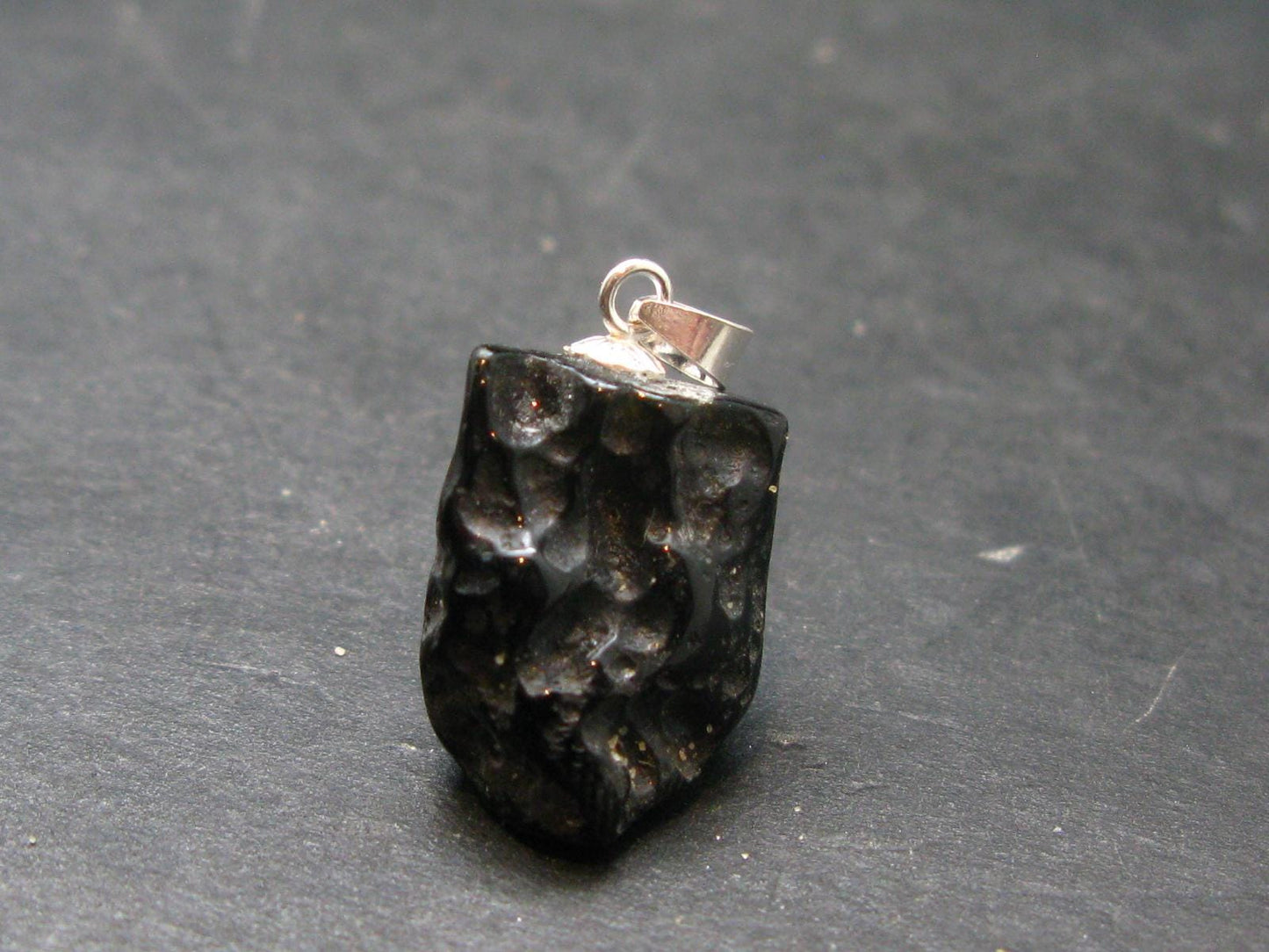 Tibetan Black Tektite Silver Pendant From Tibet - 0.9" - 2.89 Grams