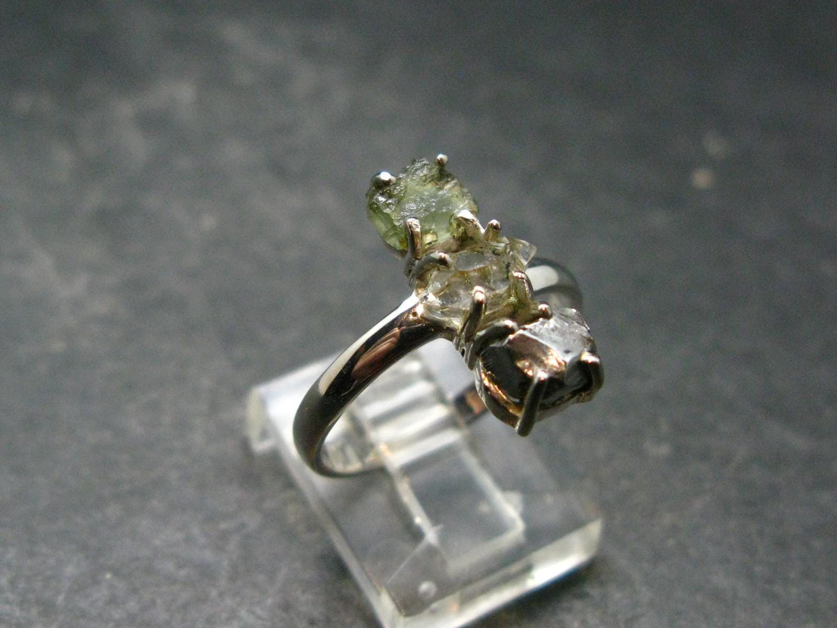 Moldavite Herkimer Meteorite Sterling Silver Ring From Czech Republic - Size 8 - 3.11 Grams
