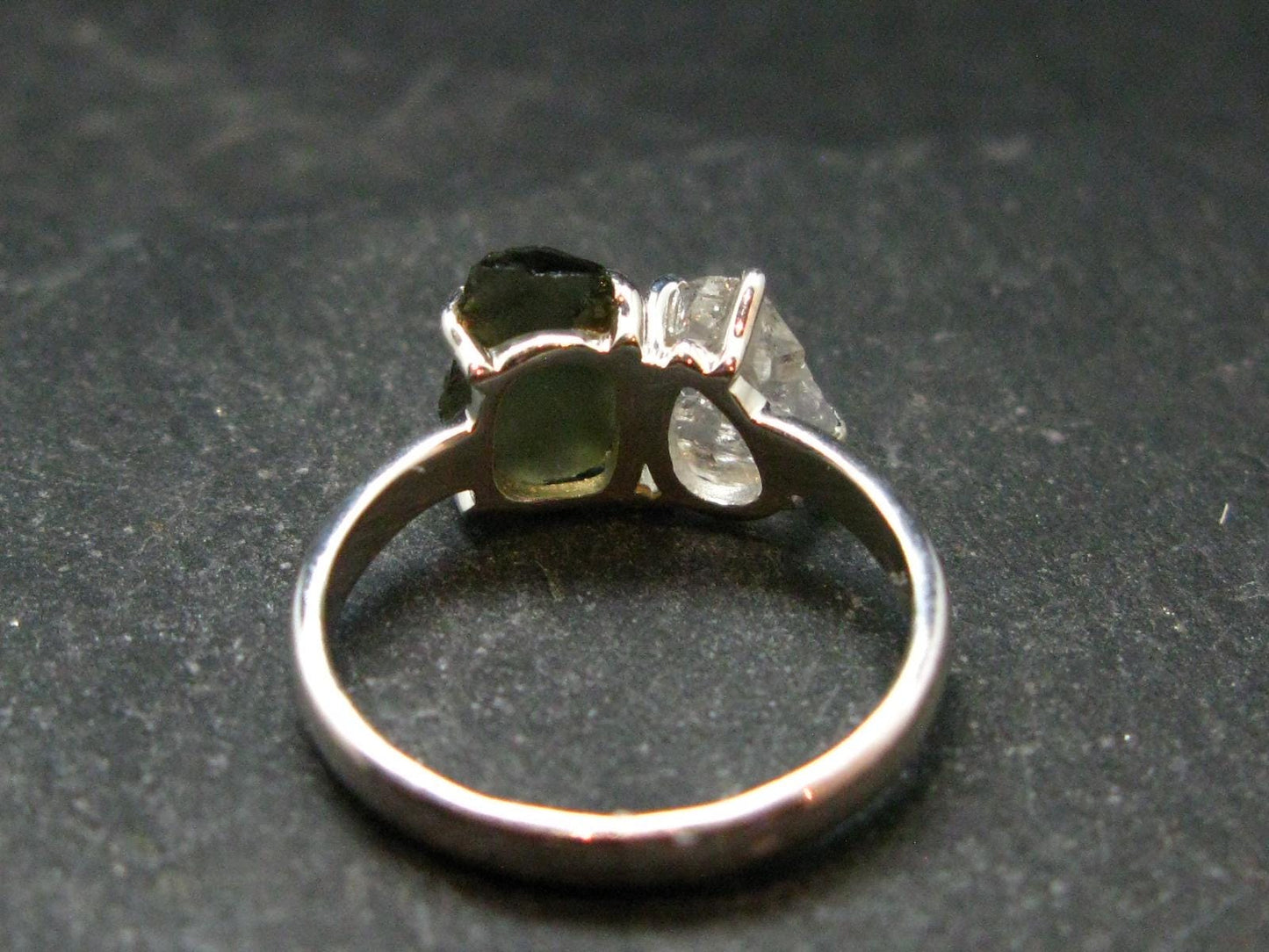 Moldavite Tektite and Herkimer Diamond Silver Ring - Size 8 - 2.73 Grams