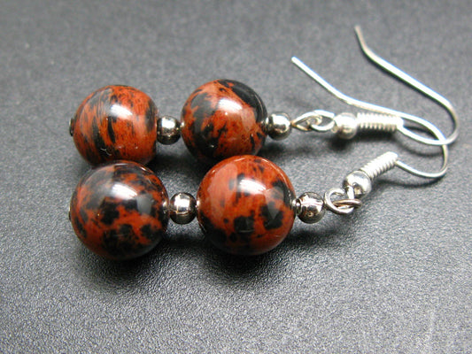 One-of-A-Kind!! Genuine Mahogany Obsidian Stone Necklace Earrings Bracelet Round 10mm Beads Set from Mexico