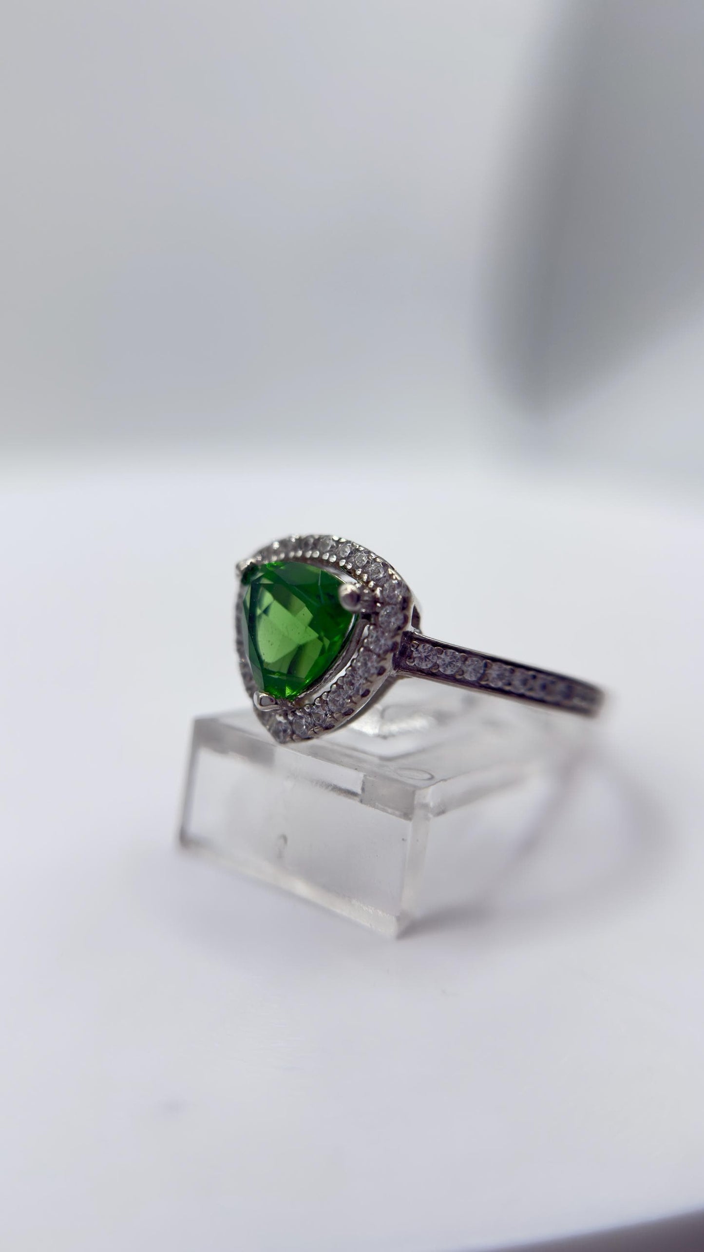 Green Helenite Trillion Halo Ring – Sterling Silver Gemstone Statement Ring