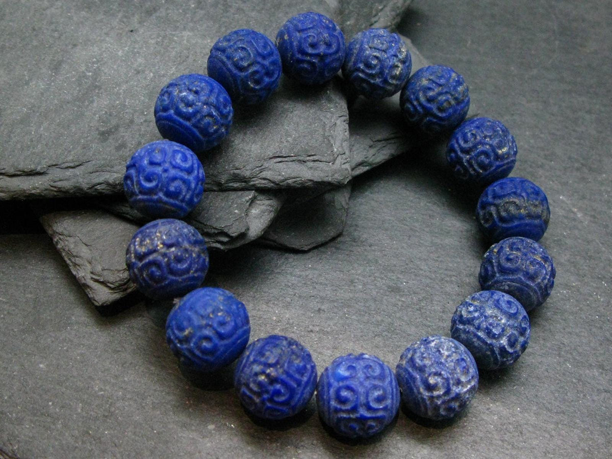 Lapis Lazuli Lazurite Genuine Bracelet ~ 7.5 Inches ~ 15mm Carved Beads