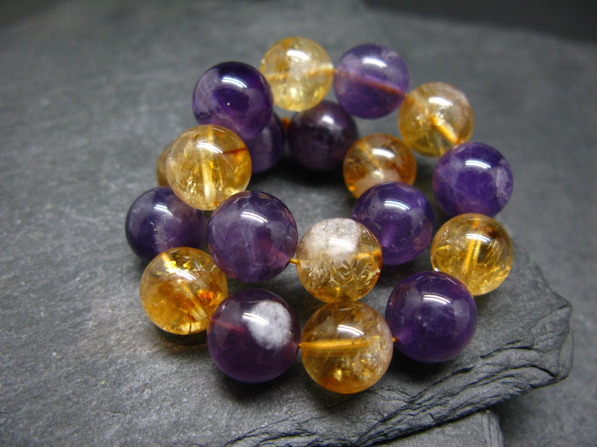 Amethyst & Citrine Genuine Bracelet ~ 7 Inches ~ 10mm Round Beads