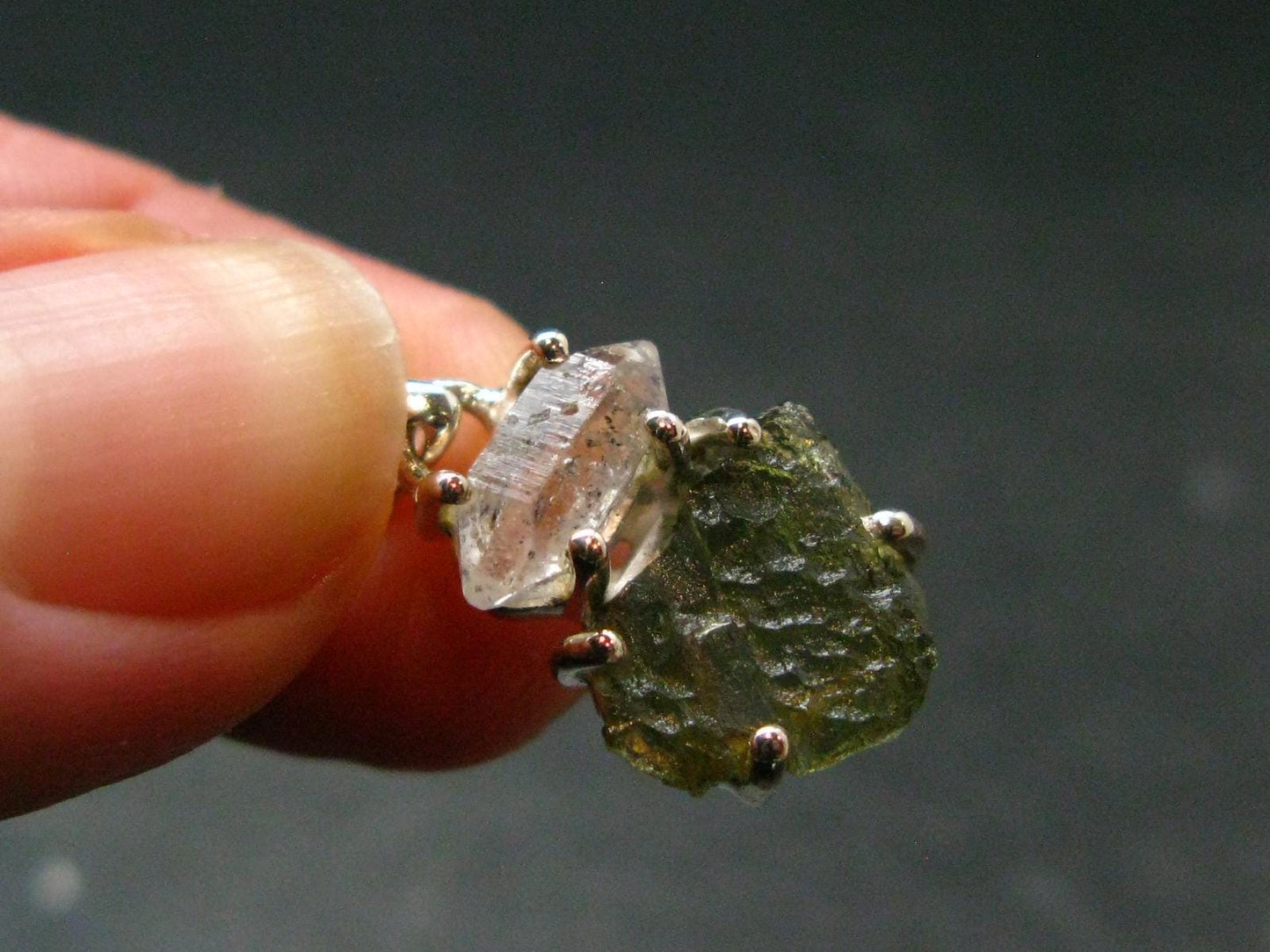 Moldavite & Herkimer Diamond Silver Pendant - 0.9" - 2.0 Grams