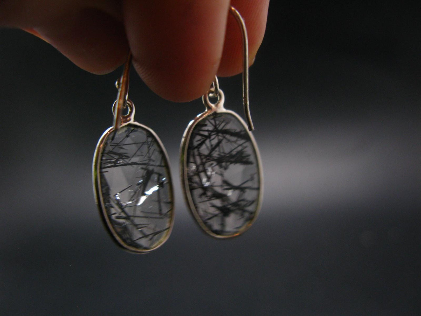Large Tourmalinated Quartz Crystal Silver Earrings From Brazil - 1.3" - 3.14 Grams
