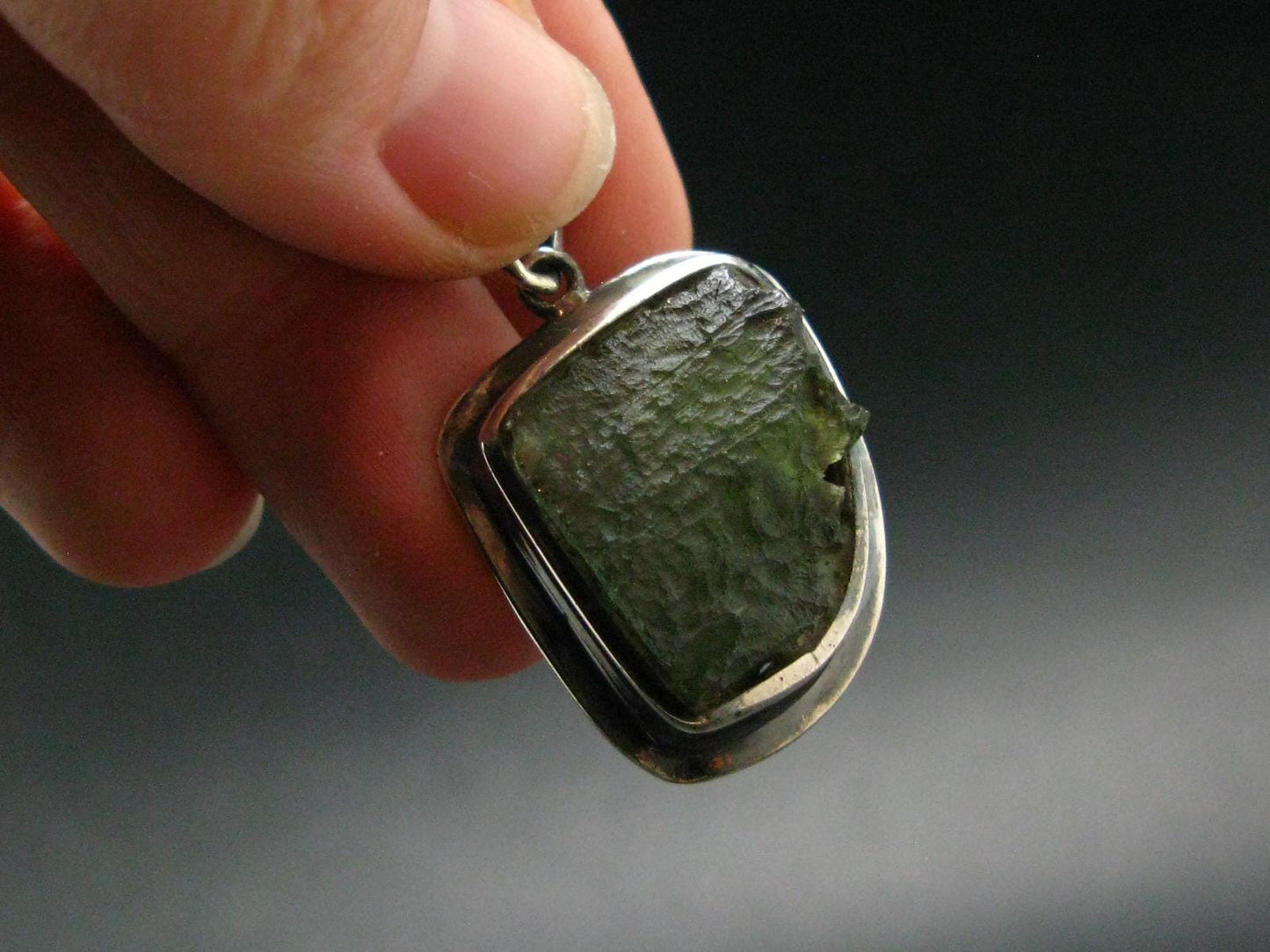 Moldavite Tektite Silver Pendant from Czech Republic - 1.5" - 6.88 Grams
