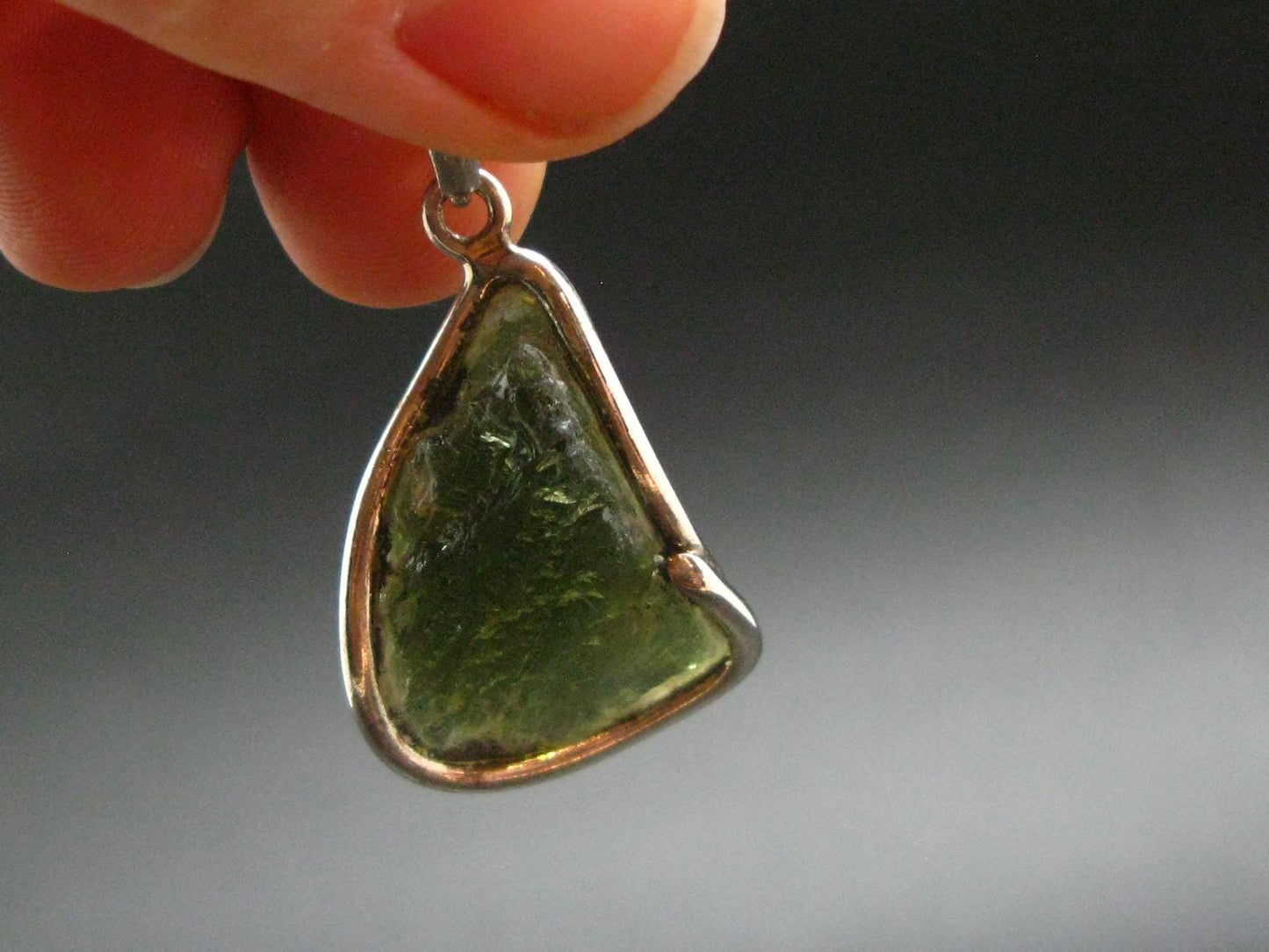 Moldavite Tektite Silver Clover Pendant from Czech Republic - 1.5" - 6.52 Grams