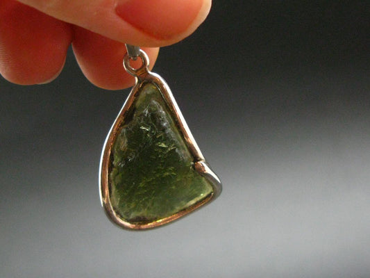 Moldavite Tektite Silver Clover Pendant from Czech Republic - 1.5" - 6.52 Grams