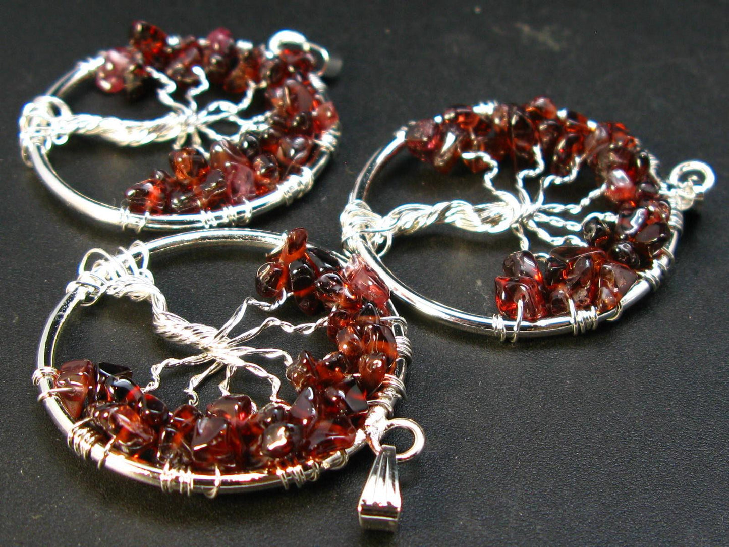 Set of Three Natural Red Garnet Almandine Tree of Life Healing Necklace Pendant
