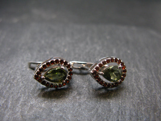 Moldavite Tektite & Red Garnet Silver Earrings from Czech Republic - 2.78 Grams