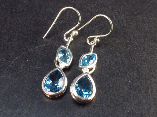 Faceted Natural Sky Blue Topaz Dangle 925 Silver Earrings from Brazil - 1.4" - 3.7 Grams