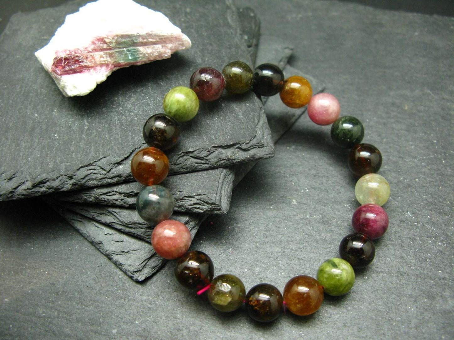 Gem Watermelon Bicolor Tourmaline Genuine Bracelet ~ 7 Inches ~ 10mm Round Beads