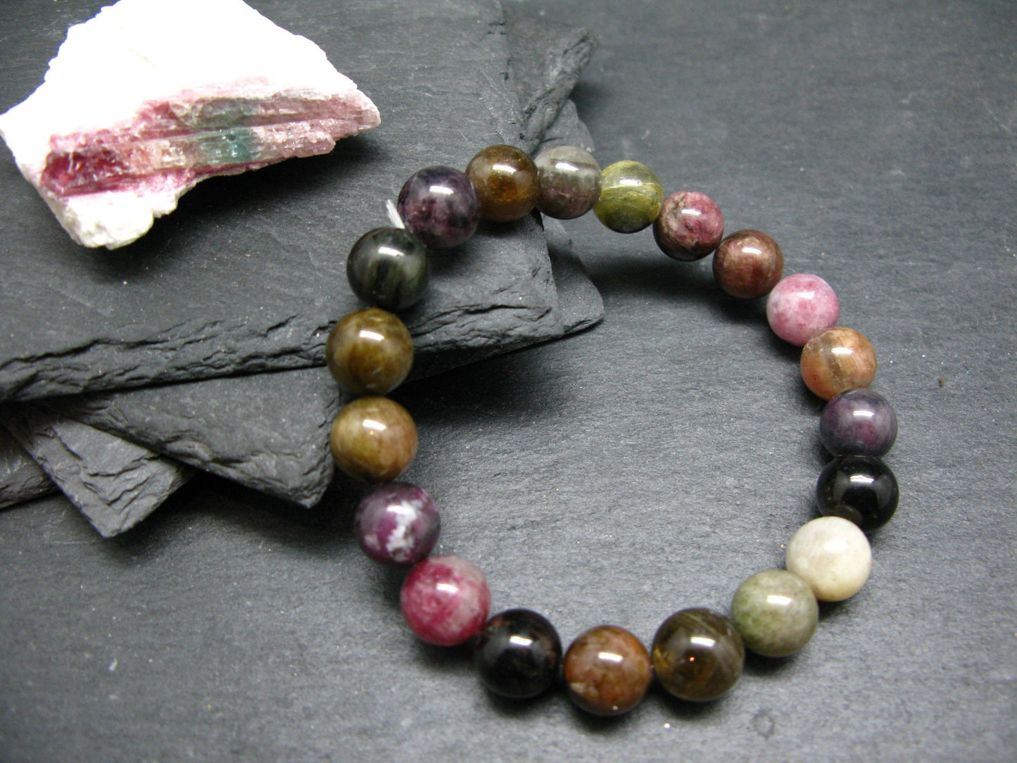 Watermelon Bicolor Tourmaline Genuine Bracelet ~ 7 Inches ~ 10mm Round Beads