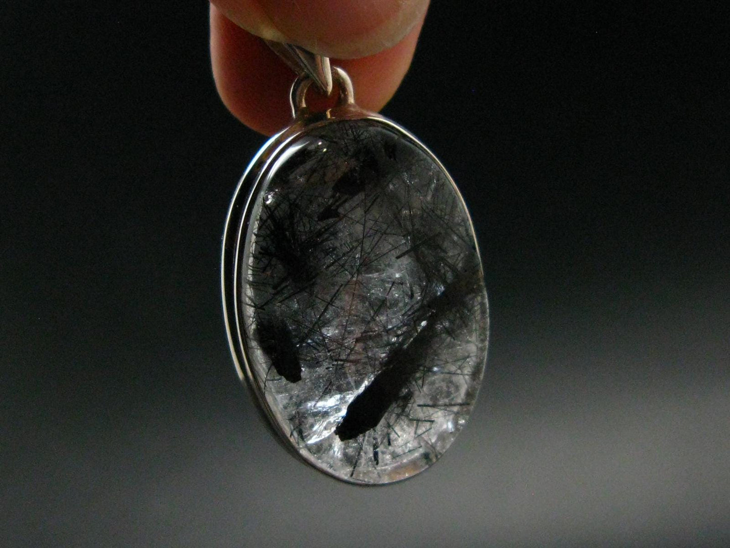 Large Tourmalinated Quartz Crystal Silver Pendant From Brazil - 1.5" - 7.75 Grams