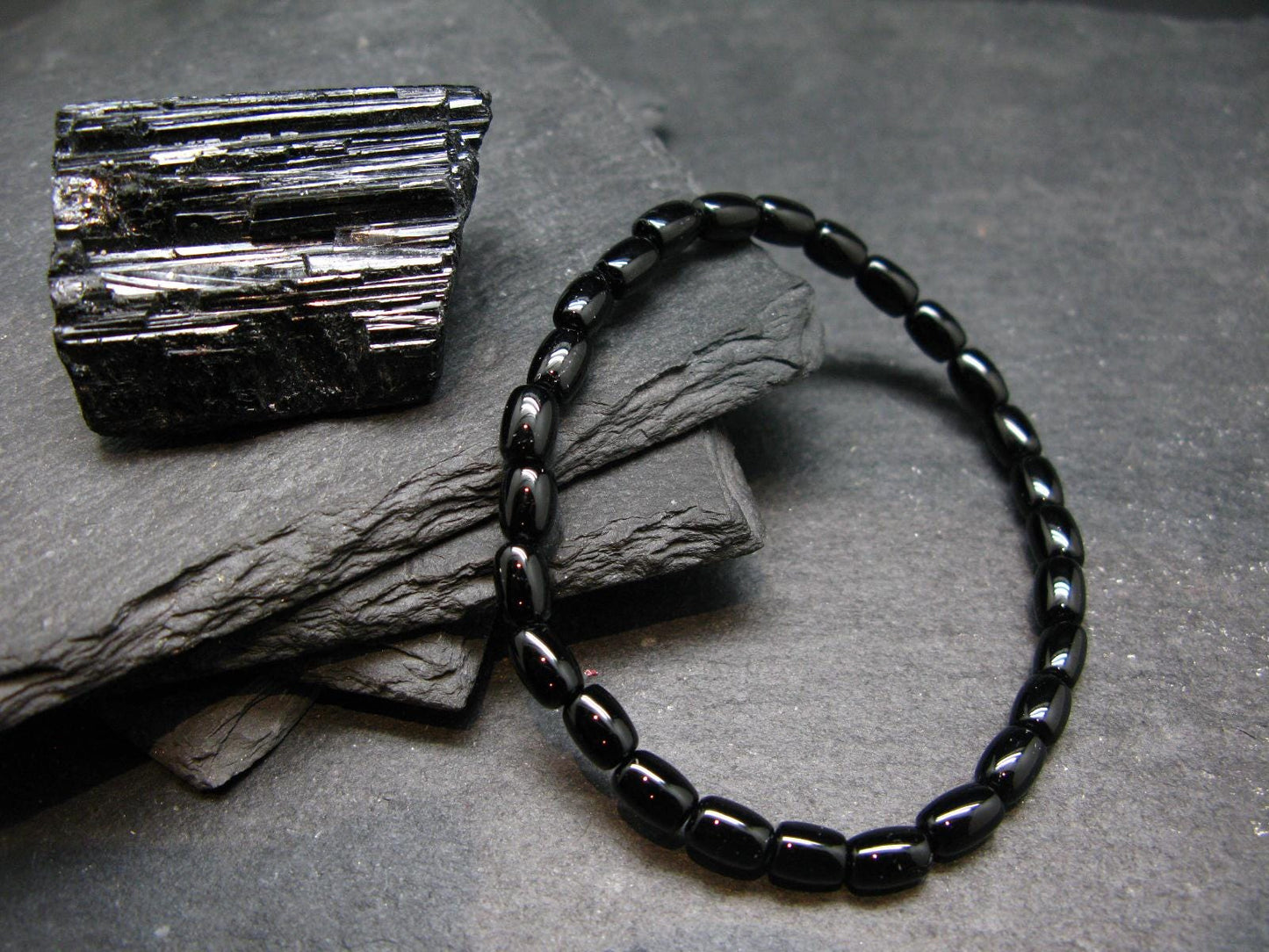 Black Tourmaline Genuine Bracelet ~ 7 Inches ~ 7mm Barrel Beads